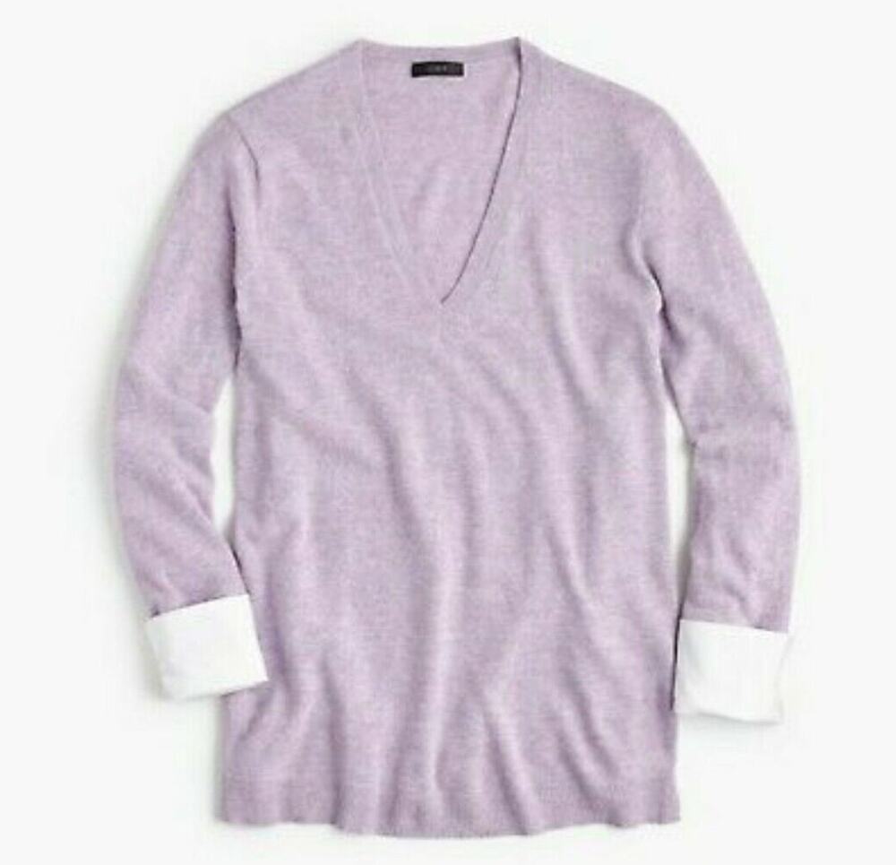 J. Crew Lilac Purple V-Neck Wool Blend Sweater with White Shirt Cuffs H0106 S
